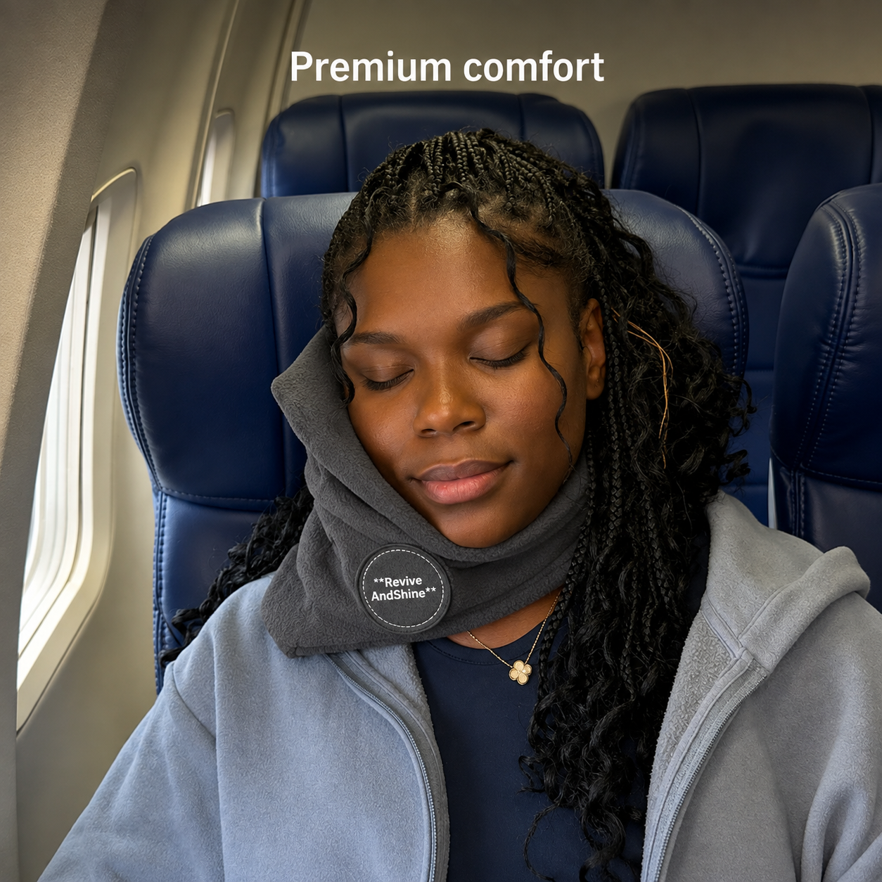 Frau schläft entspannt im Flugzeug mit dem Revive AndShine Travel Pillow